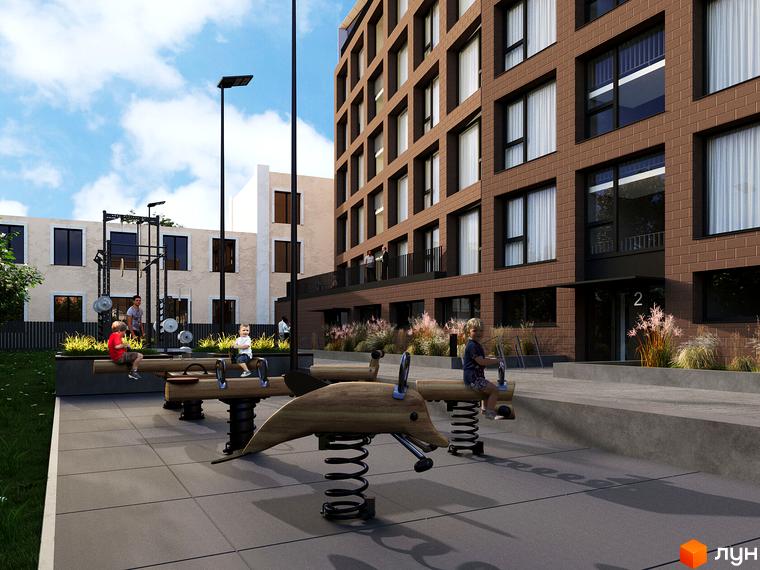 Житловий комплекс AMSTERDAM з цегляним фасадом та дитячим майданчиком з гойдалками та спортивним обладнанням.