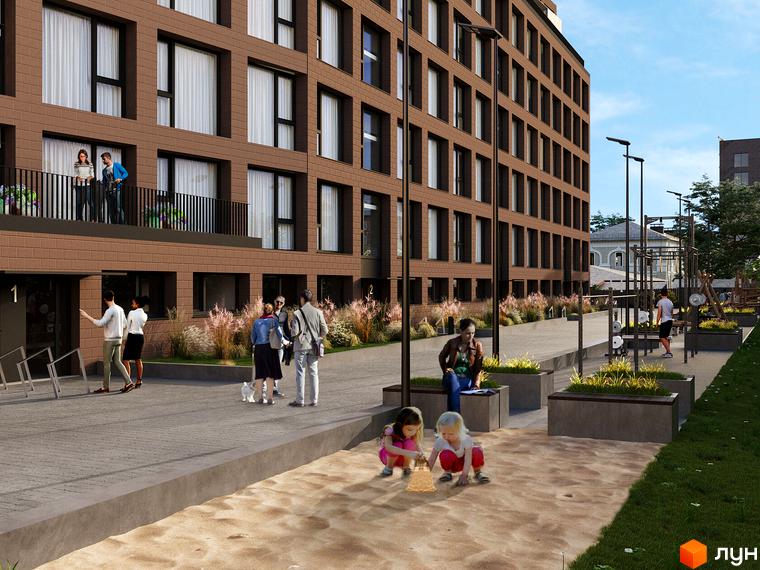 Житловий комплекс AMSTERDAM з коричневою цегляною фасадною частиною та прибудинковою територією з дитячим майданчиком та зонами відпочинку.