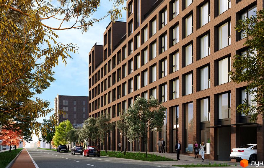 Багатоповерховий будинок Житлового комплексу AMSTERDAM з фасадом коричневого кольору та великими вікнами. Перед ним проїжджа частина, тротуар з деревами та пішоходи.