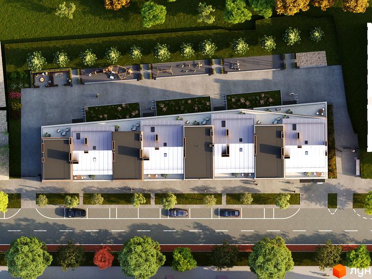 Аерофотозйомка житлового комплексу AMSTERDAM з сучасними будинками та доглянутою прибудинковою територією з зонами відпочинку та дитячими майданчиками.