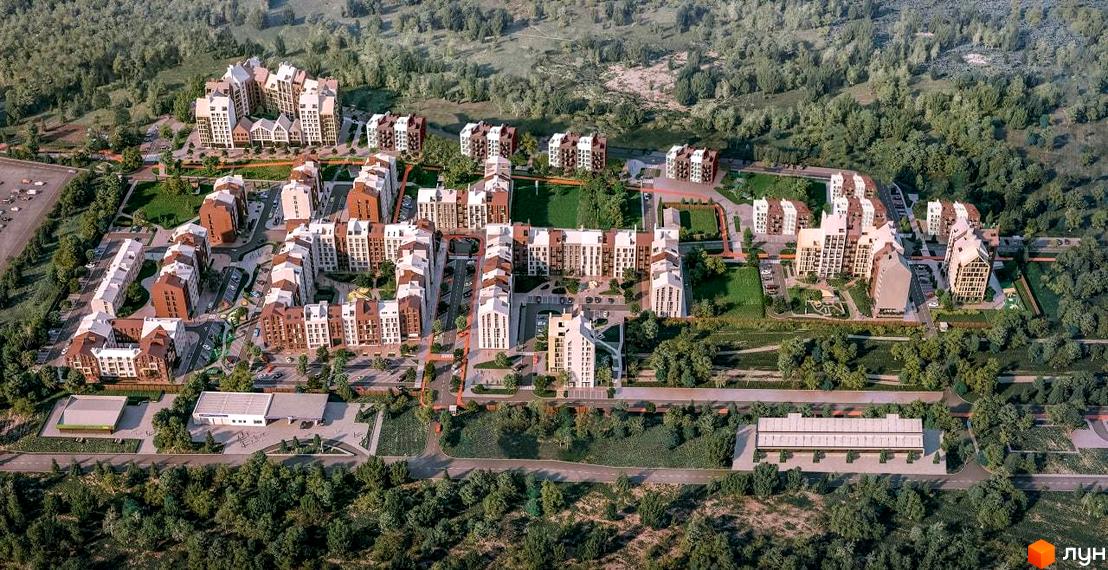 Житловий комплекс ЖК Білий Шоколад.Center. Зовнішній вигляд будинків та прибудинкова територія з зеленими зонами та парковкою.
