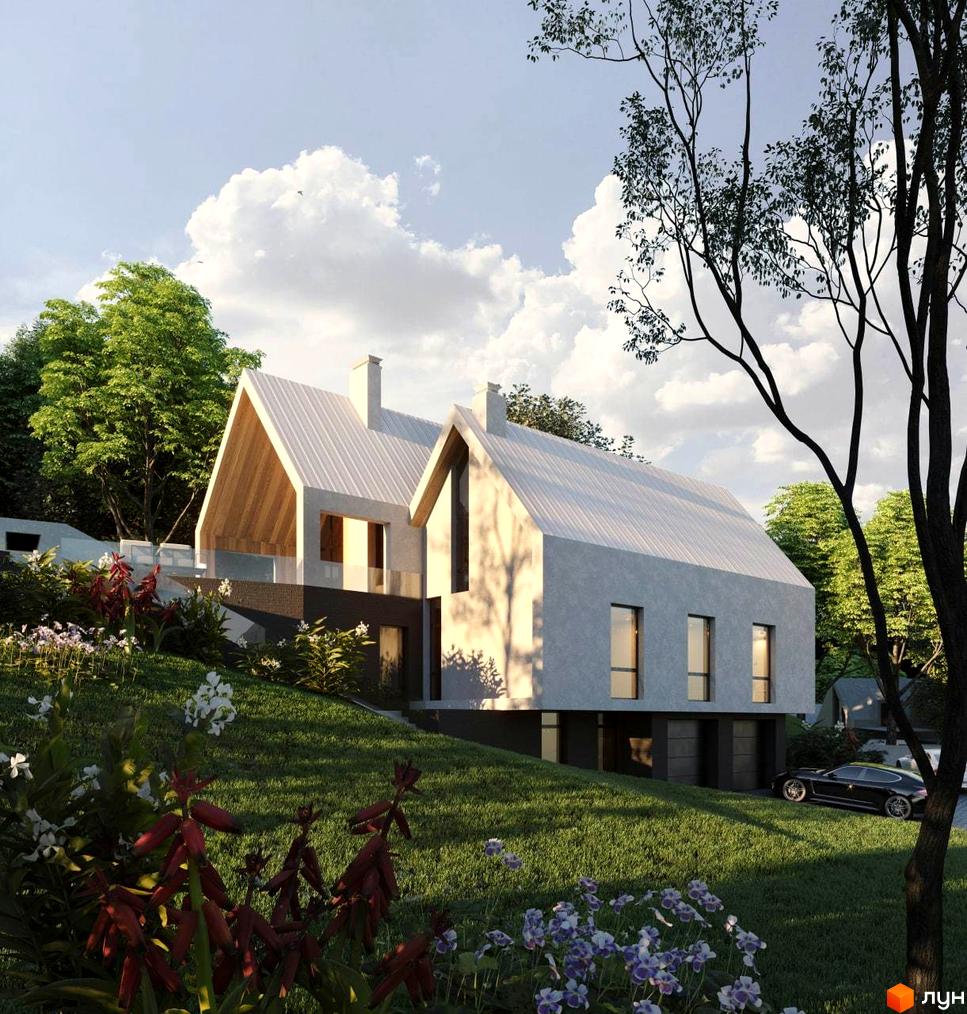 Сучасний котеджний комплекс КМ QP з двома двосхилими дахами, розташований на схилі пагорба з доглянутим газоном та квітами.