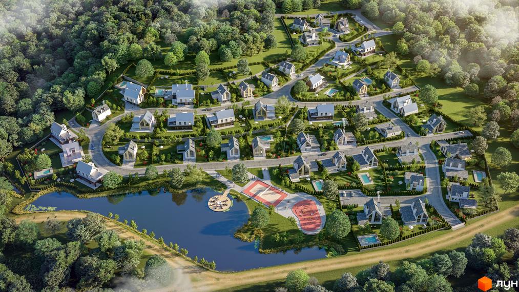 Котеджне містечко QP: сучасні будинки з індивідуальними ділянками та басейнами, розташовані біля озера та спортивних зон.