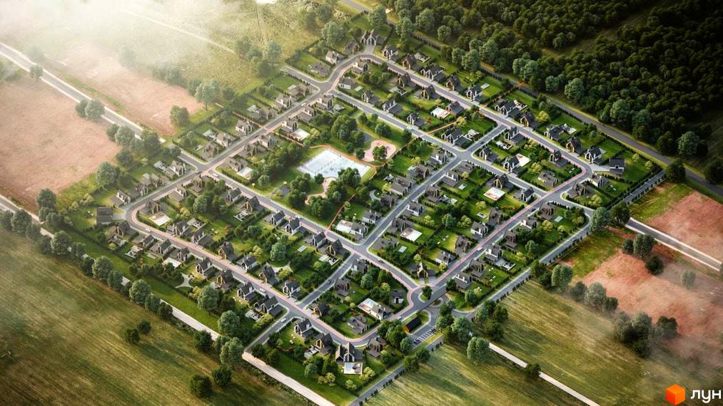 Котеджне містечко PALLO ALTO - вид зверху на акуратні будинки з сірими дахами та доглянуті зелені подвір'я. На території є дитячий майданчик та спортивні зони.