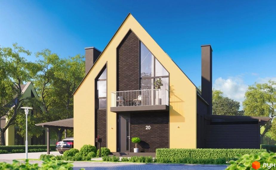 Котеджне містечко BELLAGIO: двоповерховий будинок жовтого кольору з темною цегляною вставкою та балконом, перед будинком доглянутий газон та кущі.