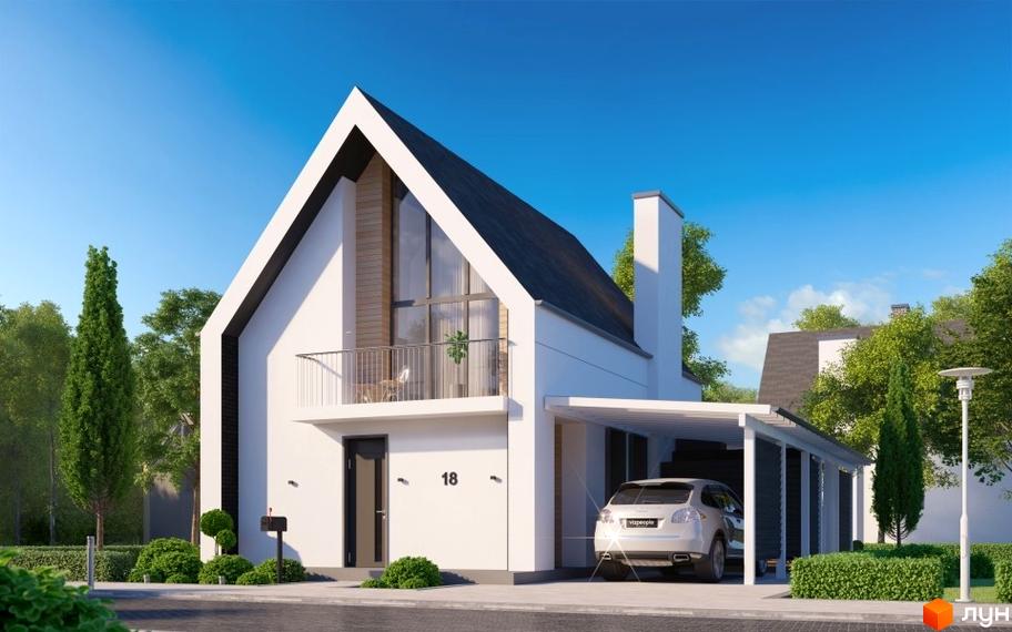 Котеджне містечко BELLAGIO: білий двоповерховий будинок з панорамними вікнами та навісом для авто. Прибудинкова територія з деревами та кущами.