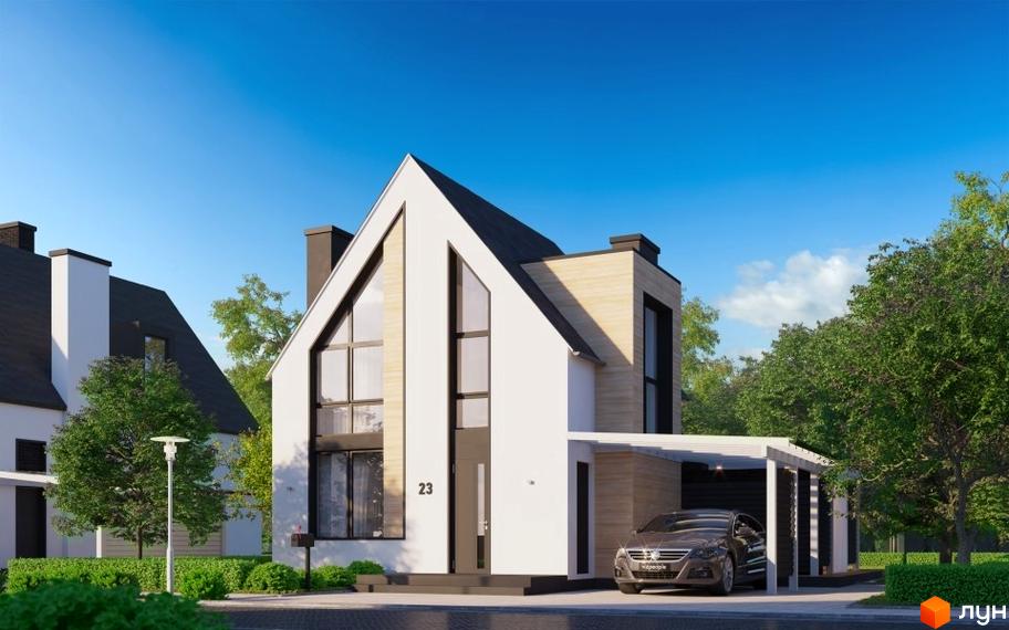 Котеджне містечко КМ BELLAGIO: двоповерховий будинок з панорамними вікнами та навісом для авто. Навколо будинку зелені насадження та доглянутий двір.