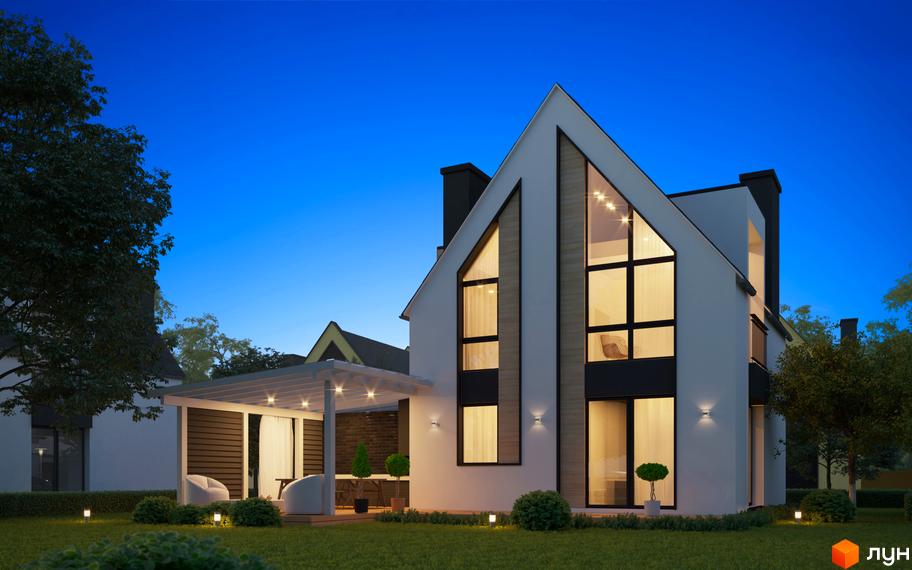 Котеджне містечко КМ BELLAGIO. Зовнішній вигляд двоповерхового будинку з великими вікнами та терасою, прибудинкова територія з газоном та освітленням.