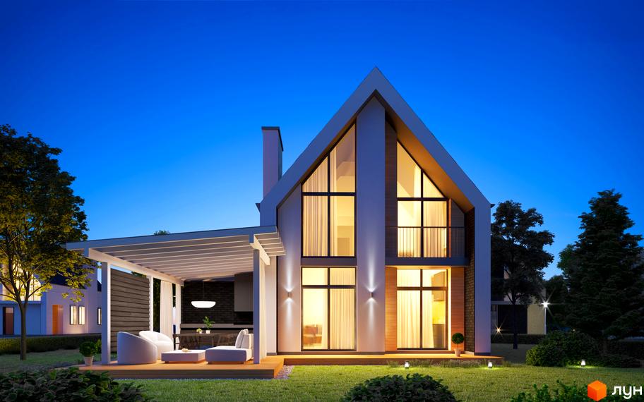 Котеджне містечко BELLAGIO: сучасний двоповерховий будинок з великими вікнами та терасою, оточений зеленим газоном та деревами.