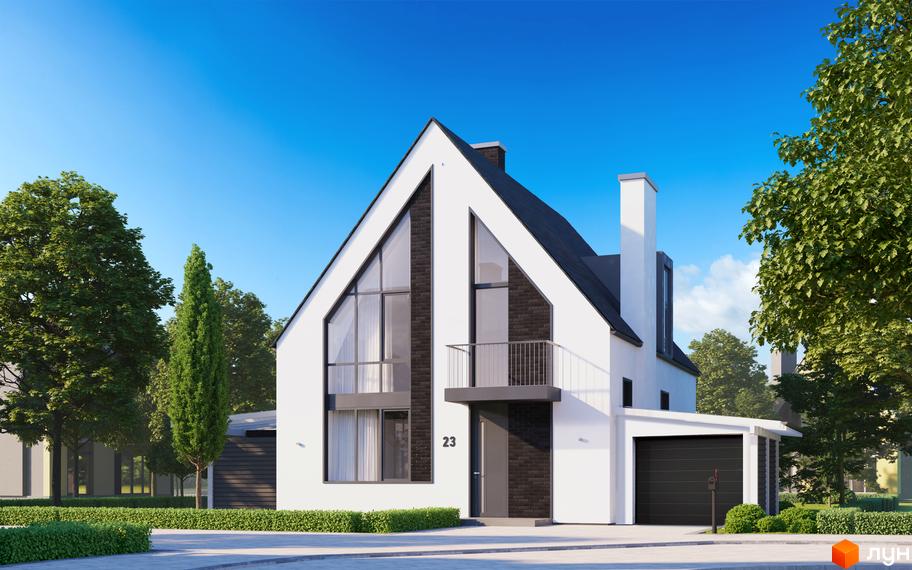 Котеджне містечко BELLAGIO: сучасний двоповерховий будинок з великими вікнами та гаражем, оточений зеленню та доглянутим газоном.