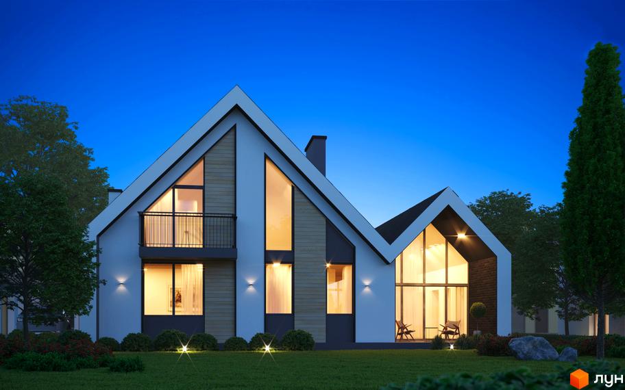 Котеджне містечко BELLAGIO: двоповерховий будинок з великими вікнами та балконом на тлі нічного неба. Доглянутий газон та зелені насадження перед будинком.