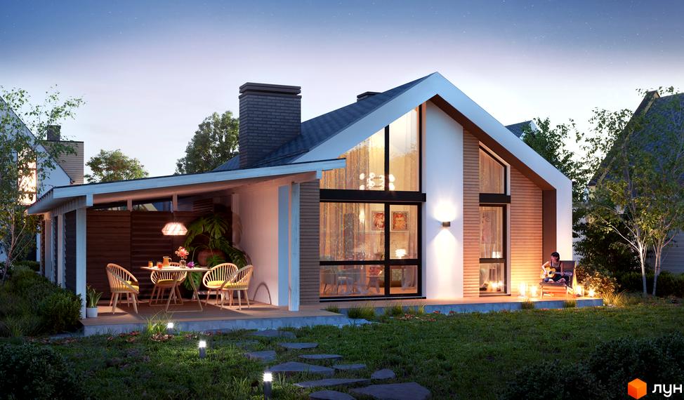 Котеджне містечко BELLAGIO: двоповерховий будинок з великими вікнами та терасою, освітлена ділянка з газоном та стежкою.