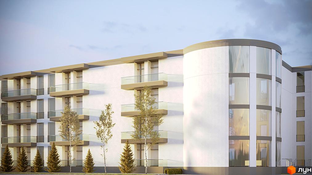 Фасад житлового комплексу Park Stone з балконами та скляною вежею. Навколо будівлі висаджені дерева та ялинки.