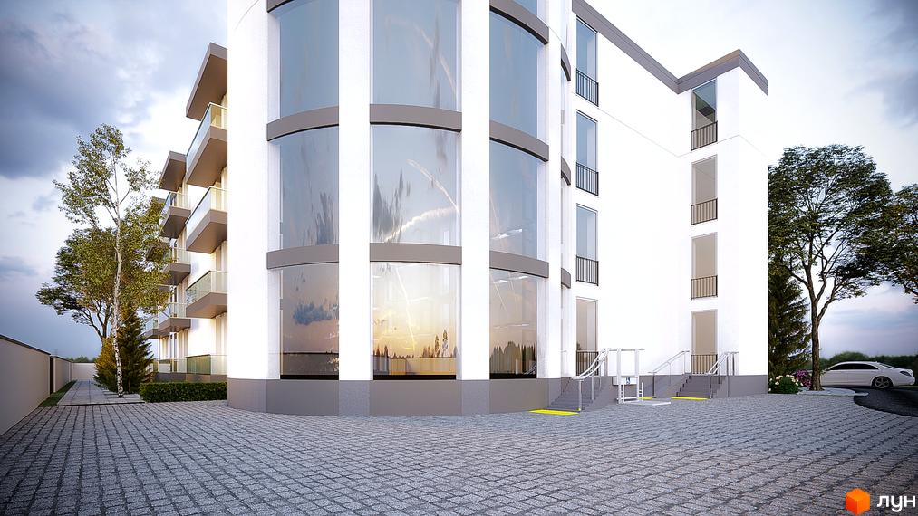 Житловий комплекс Парк Стоун з білими фасадами та великими вікнами, що відображають небо. Прибудинкова територія вимощена бруківкою з деревами та автомобілем.