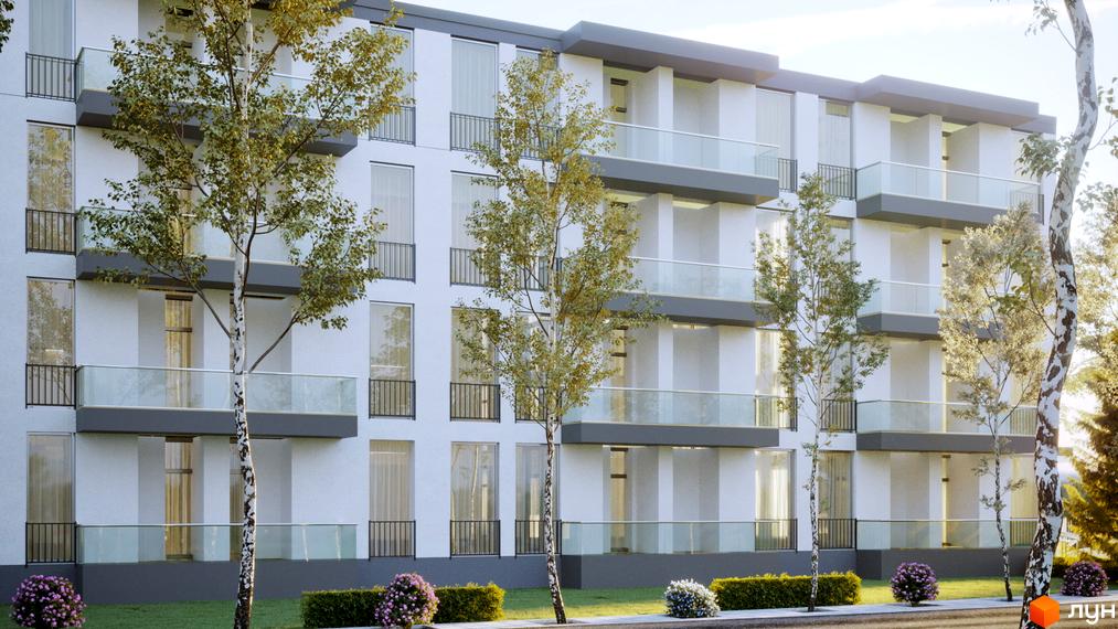 Фасад житлового комплексу Park Stone з балконами та великими вікнами, оточений деревами та квітами. Сучасна архітектура новобудови.