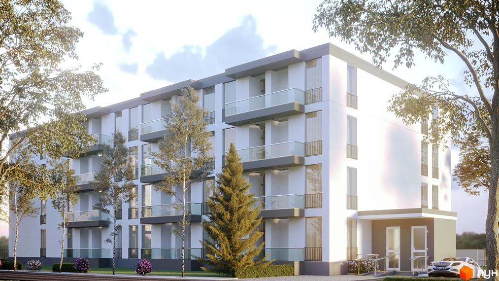 Фасад житлового комплексу Парк Стоун з балконами та вікнами, оточений деревами та зеленими насадженнями. Поруч розташований білий автомобіль.