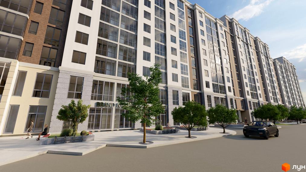 Житловий комплекс Променада: багатоповерховий будинок зі світлим фасадом та великими вікнами. Прибудинкова територія має зелені насадження, лавки та пішохідну зону.