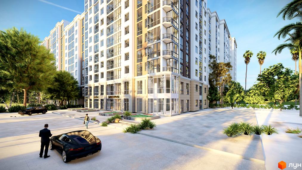 Вигляд на Житловий комплекс Променада: світлий багатоповерховий будинок з балконами та скляними фасадами. Навколо зелені дерева та парковка.