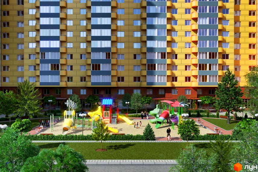 Житловий комплекс ЖК на Кондратюка з яскравими фасадами та прибудинковою територією з дитячим майданчиком і зеленими насадженнями.