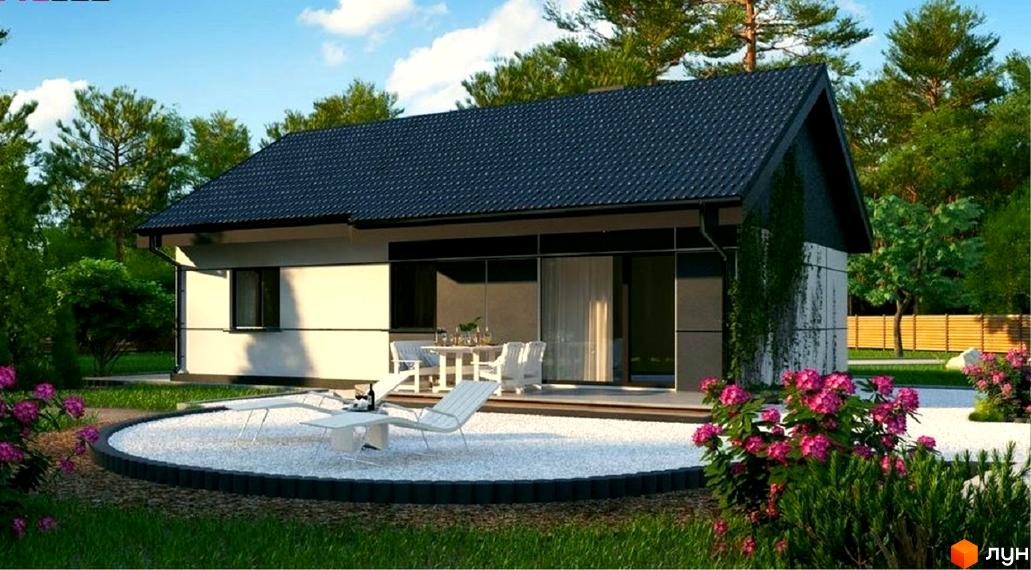 Зображення одноповерхового будинку з темним дахом та великими вікнами в Котеджному містечку Літо. Навколо будинку зелений газон і декоративні рослини.