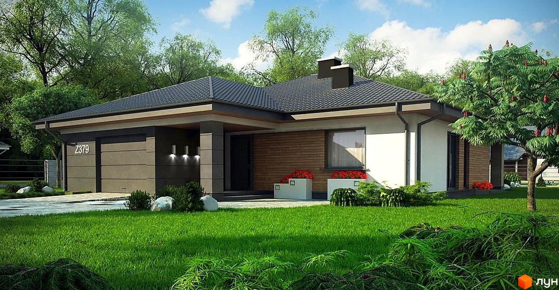 Зображення будинку в Котеджному містечку Літо. На передньому плані зелений газон та дерева, на задньому - одноповерховий будинок з гаражем.