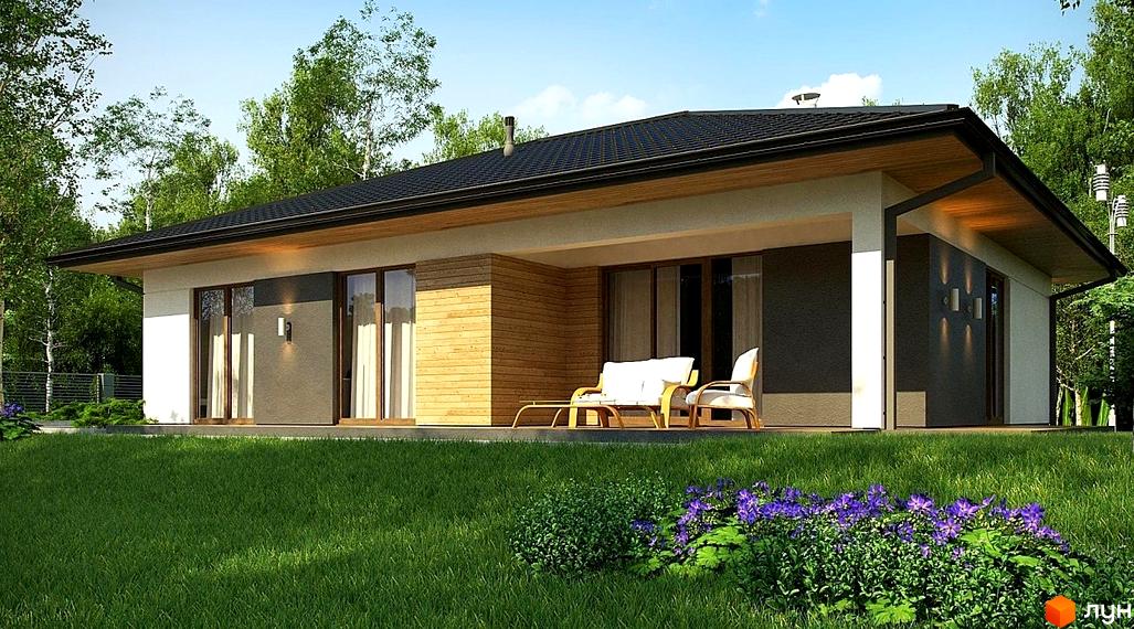 Зображення будинку в Котеджному містечку Літо з великими вікнами та терасою. Навколо будинку зелений газон та квіти.