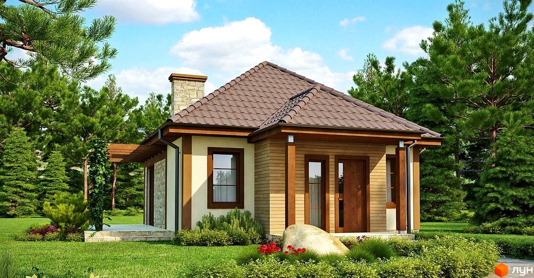 Зображення будинку з коричневим дахом та дерев'яним оздобленням в Котеджному містечку Літо. Навколо зелений газон та дерева.