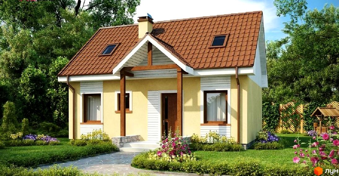 Зображення одноповерхового будинку з мансардою та коричневою черепицею. Навколо будинку зелений газон та декоративні рослини.