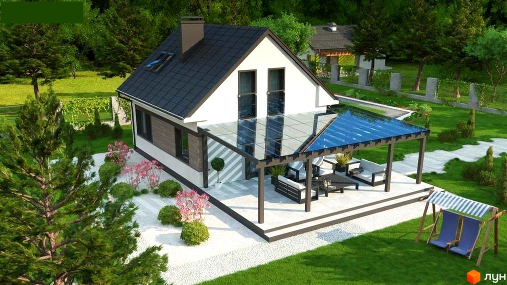 Зображення будинку з темним дахом та великими вікнами. На подвір'ї розташована тераса з меблями та гойдалка.