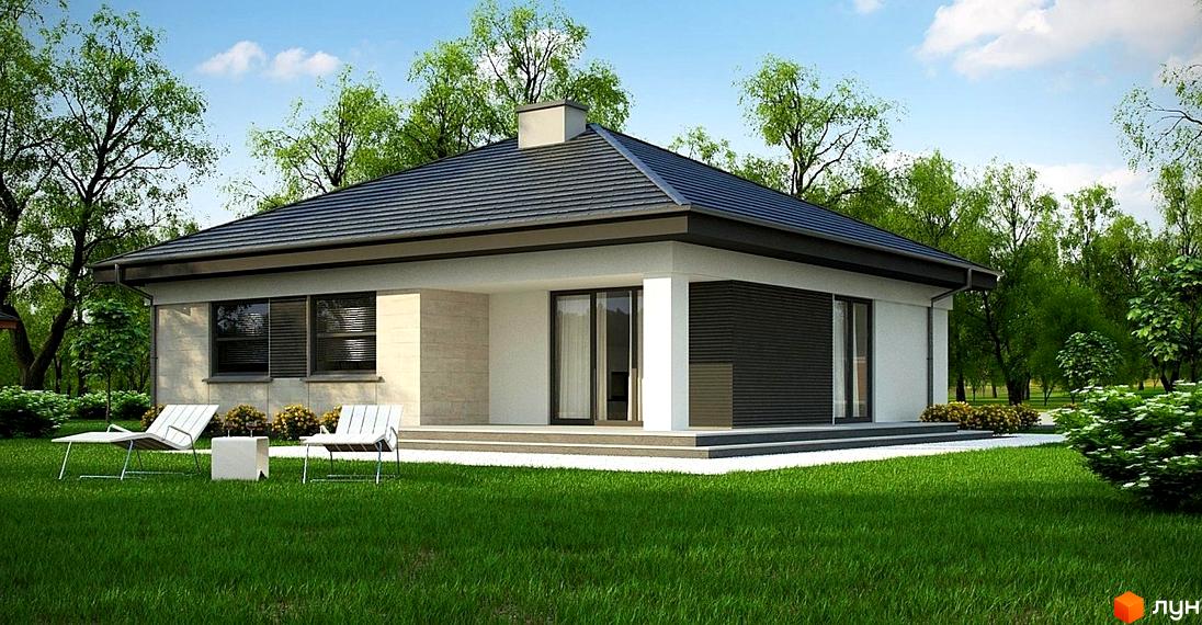 Зображення одноповерхового будинку з темним дахом та великими вікнами. Навколо будинку зелений газон та дерева.