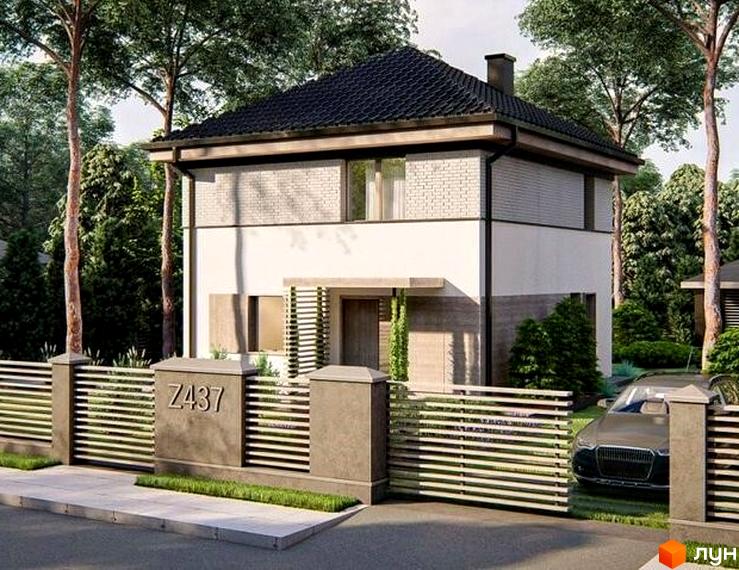 Зображення будинку в Котеджному містечку Лісовий Маєток. Двоповерховий будинок з темним дахом та світлим фасадом, огороджений парканом.