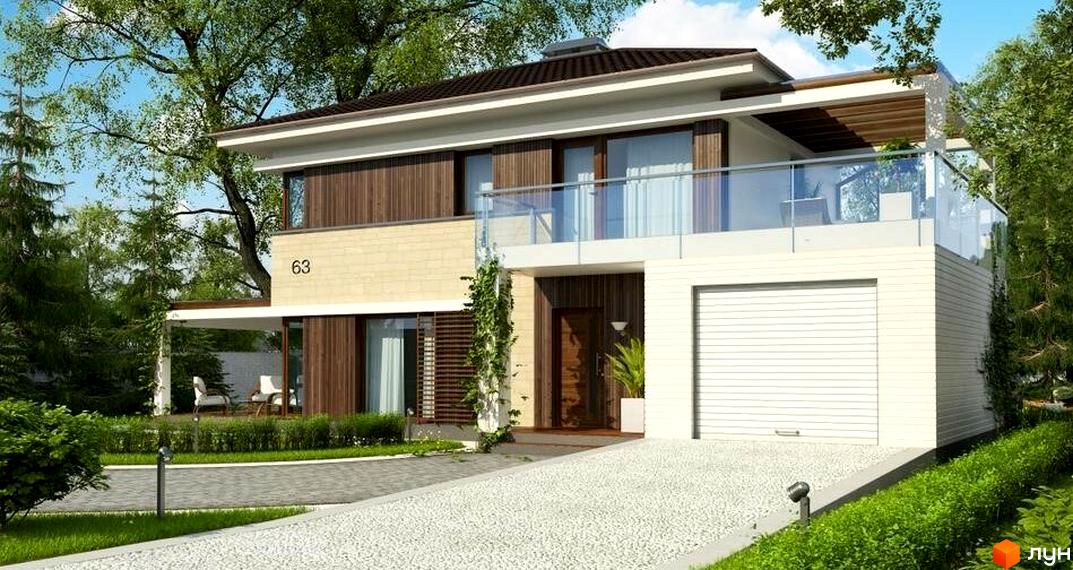 Зображення будинку в Котеджному містечку Лісовий Маєток. Двоповерховий будинок з балконом та гаражем, подвір'я з ландшафтним дизайном.