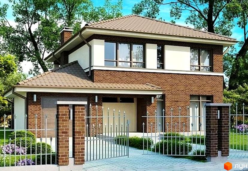 Двоповерховий будинок з червоної цегли з коричневим дахом у Котеджному містечку Лісовий Маєток. Перед будинком зелені насадження та металева огорожа.