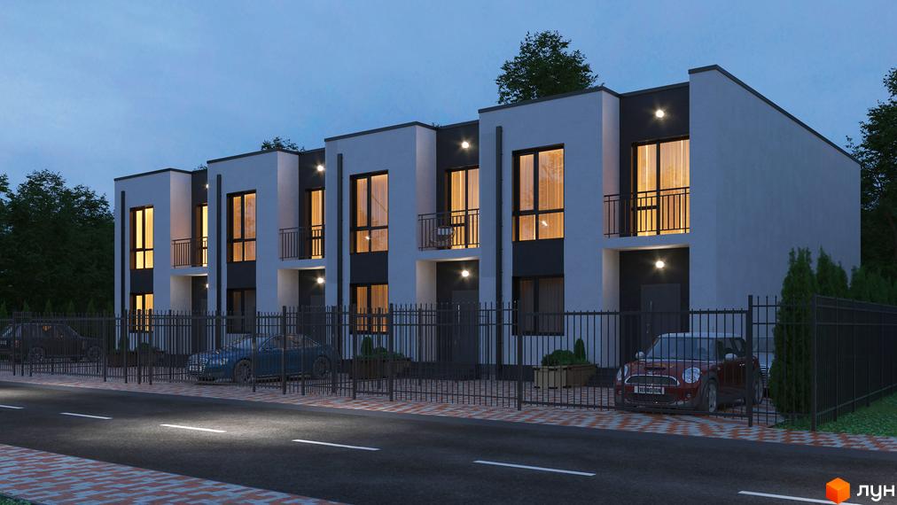 Таунхауси ARTOWN – це двоповерхові будинки з великими вікнами та балконами, розташовані вздовж дороги з паркуванням та огородженою територією.