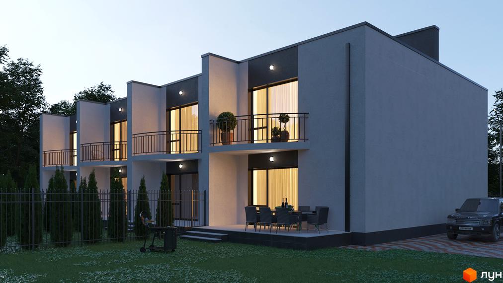 Таунхауси ARTOWN з балконами та терасою з меблями. Поруч паркан, зелений газон та автомобіль.