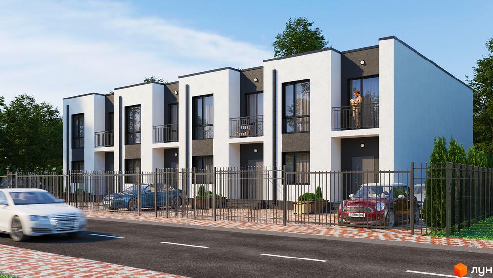 Таунхауси ARTOWN з білими фасадами та темними акцентами, балконами та парканом перед будинками.