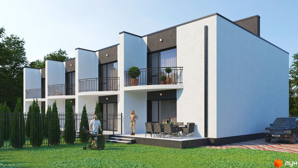 Зображення таунхаусів ARTOWN з балконами та терасою. На території є газон, огорожа та місце для паркування авто.
