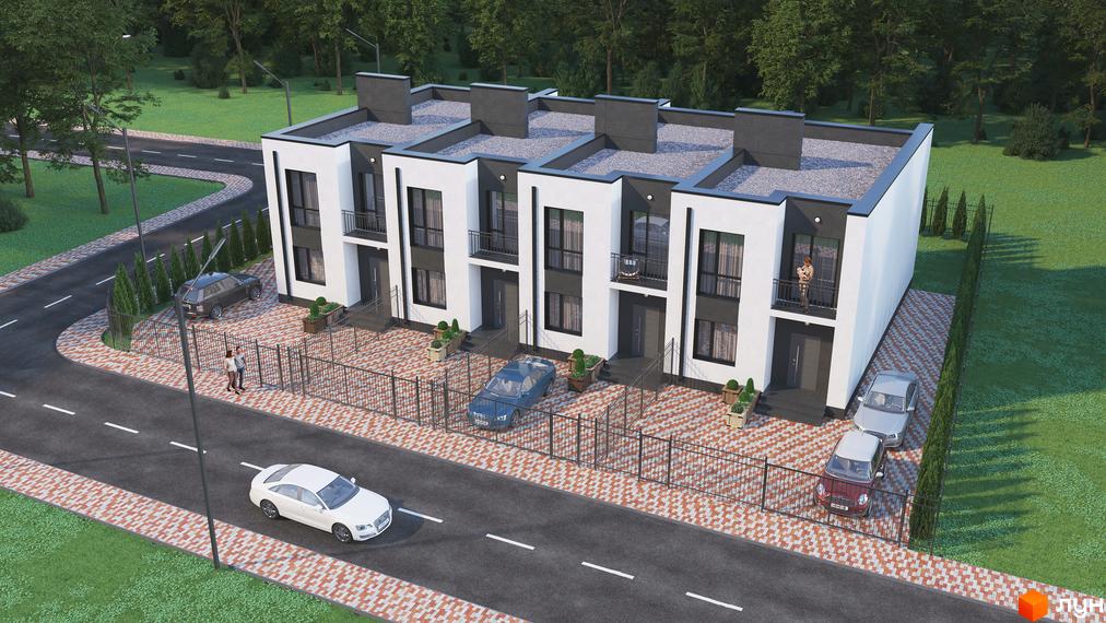 Таунхауси ARTOWN: фасади будинків з великими вікнами та балконами, огороджена територія з паркуванням та зеленими насадженнями, поруч дорога з автомобілями.