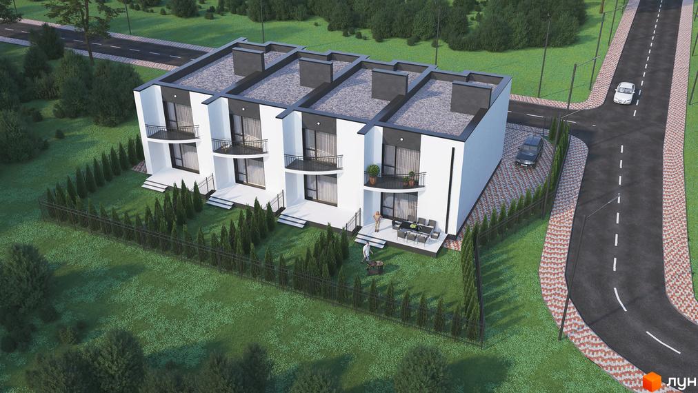 Зображення таунхаусів ARTOWN з двома поверхами та балконами. Навколо будинків зелена територія з деревами та газоном.