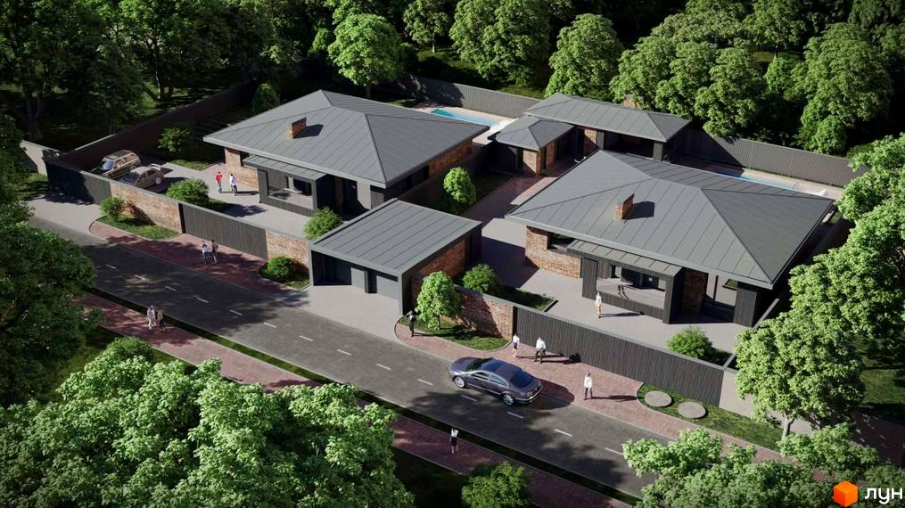Житловий комплекс з сірими дахами та цегляними стінами, велика прибудинкова територія з басейном та дорогою.