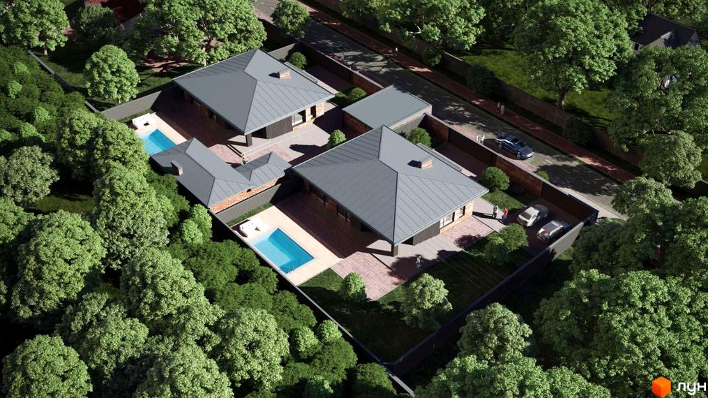 Житловий комплекс з сірими дахами та терасами, з басейном та доглянутою прибудинковою територією, розташований серед зелені.