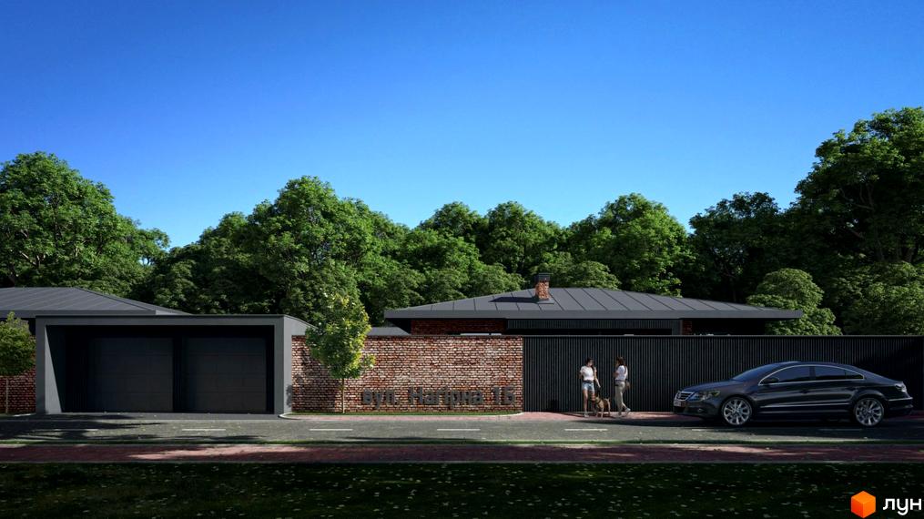 Зображення житлового будинку з гаражем та цегляним парканом. Поруч з будинком припаркований автомобіль, а на вулиці гуляють люди з собакою.