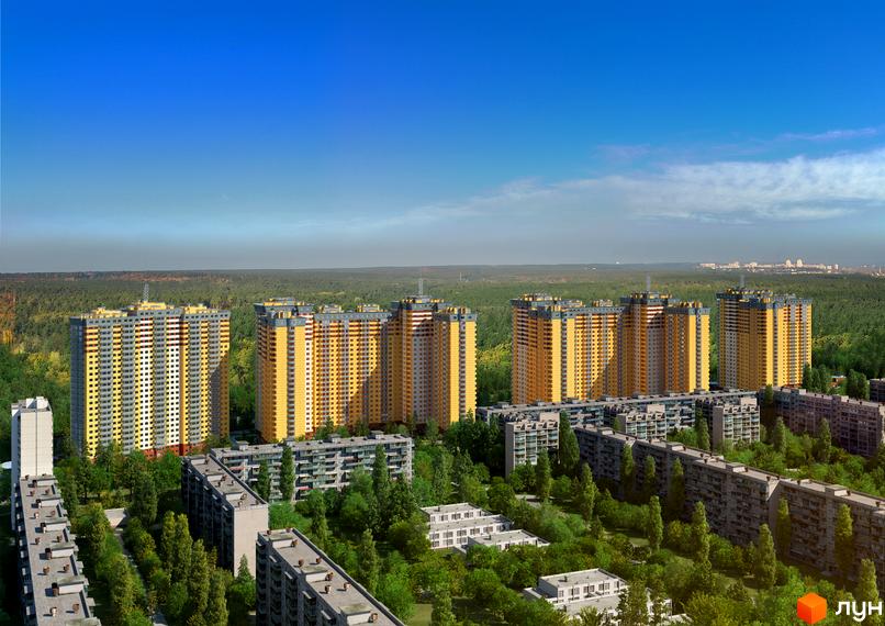 Житловий комплекс на Кондратюка: висотні жовто-сірі будівлі з великою кількістю вікон, оточені зеленими деревами та іншими будинками.