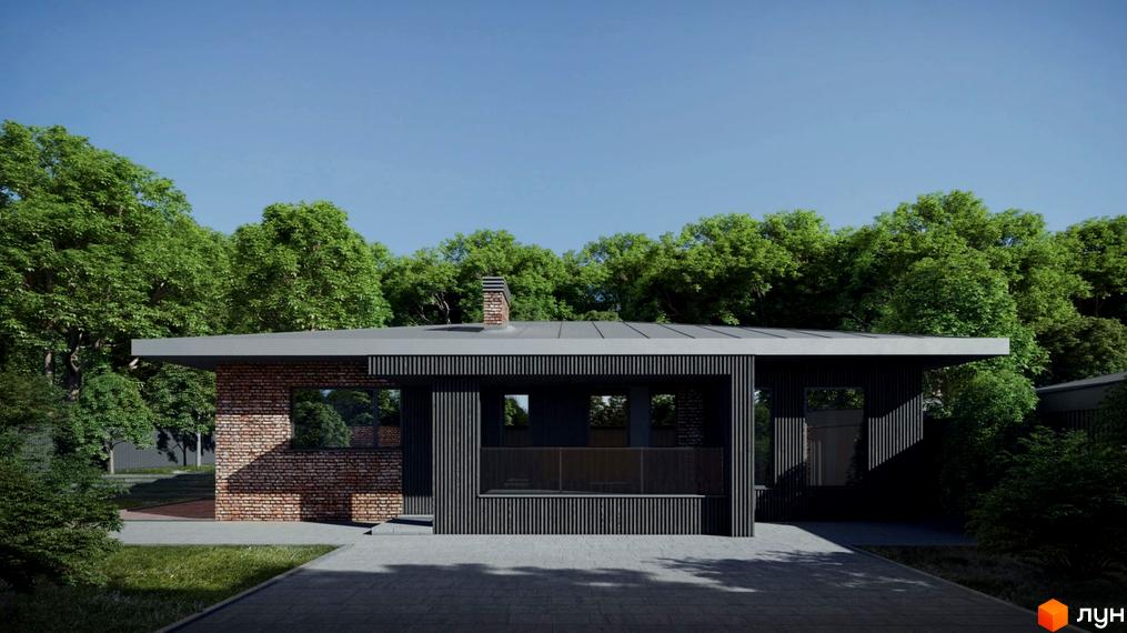 Одноповерховий будинок з темним фасадом та терасою. Перед будинком викладена бруківка, навколо зелені дерева.