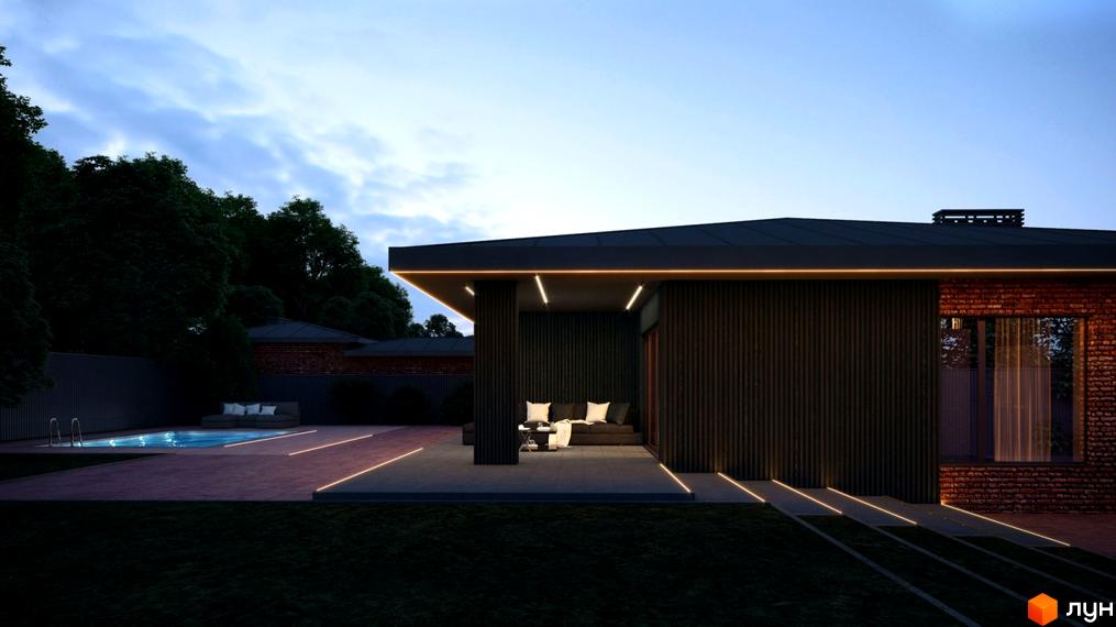 Житловий комплекс з терасою та басейном. Цегляний будинок з панорамним склінням, підсвічування по периметру, ландшафтний дизайн.