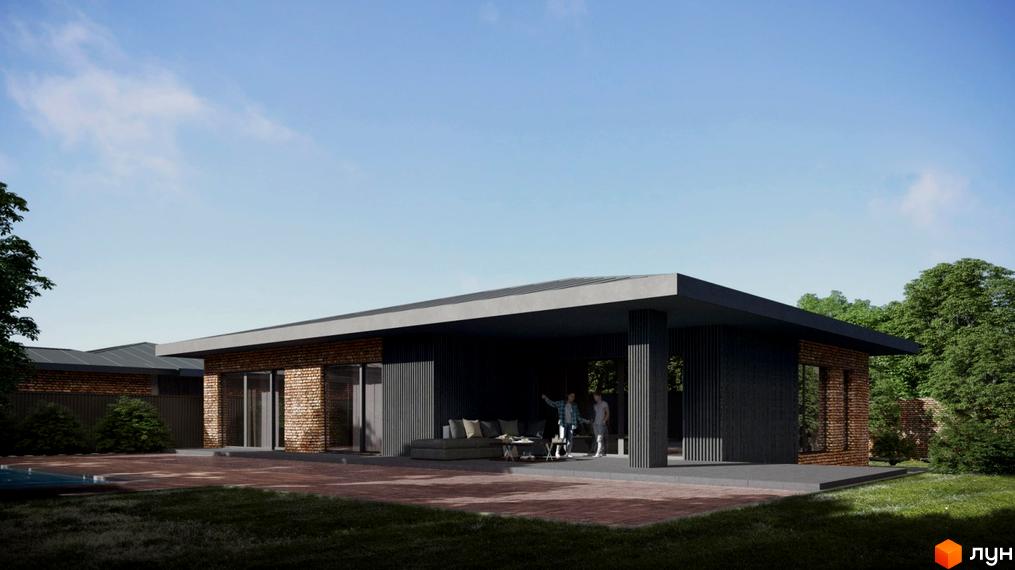 Одноповерховий будинок з терасою, облицьований цеглою та темним деревом. На території викладена бруківка, є зелені насадження.