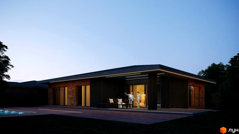 Зображення будинку з терасою та басейном. Фасад будівлі виконаний з цегли та темних панелей. На терасі стоять диван та столик, поруч з будинком зелена трава.
