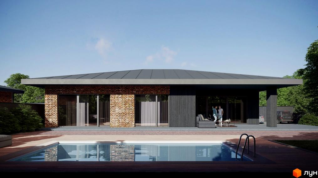 Житловий комплекс з басейном та терасою. Будинок з цегляною кладкою та панорамними вікнами. На території є зона відпочинку.