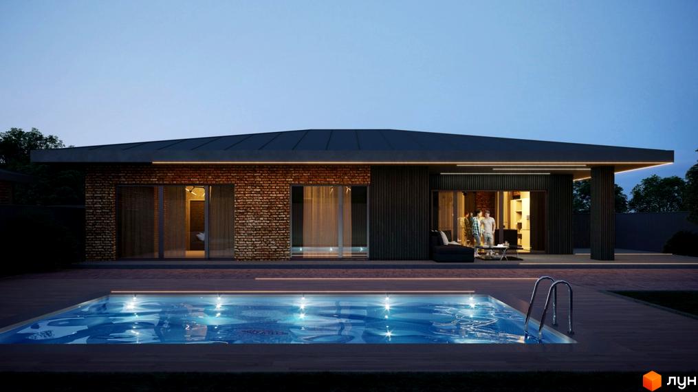 Зображення будинку з басейном. Фасад будинку виконаний з цегли та темних панелей. На території є басейн з підсвіткою.
