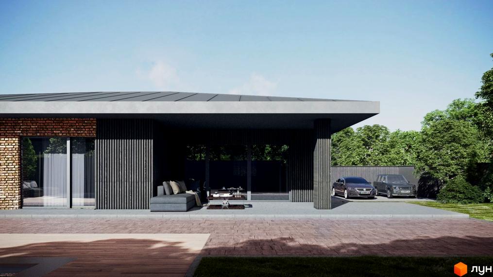 Одноповерховий будинок з темним фасадом та терасою, вимощеною бруківкою. На території є два автомобілі та зелені насадження.